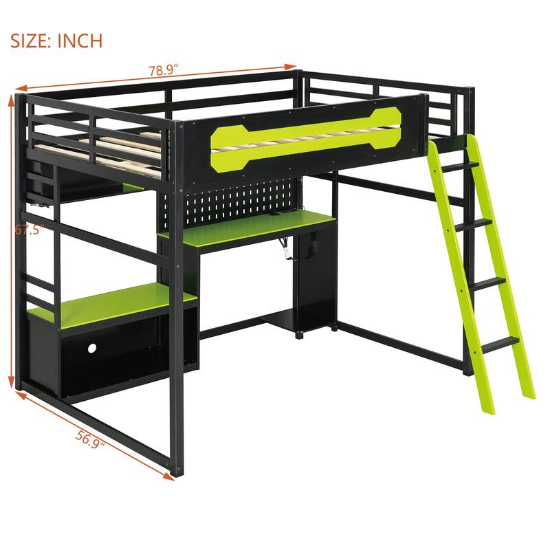 Full Size Loft Bed with All-in-One Workstation, Built-In Desk, Shelves, Pegboard, LED Lights & USB Ports