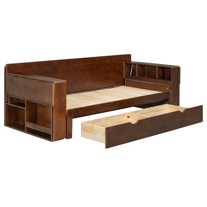 Queen Size 4-in-1 Daybed with Storage Drawers Desk Hydraulic Armrests