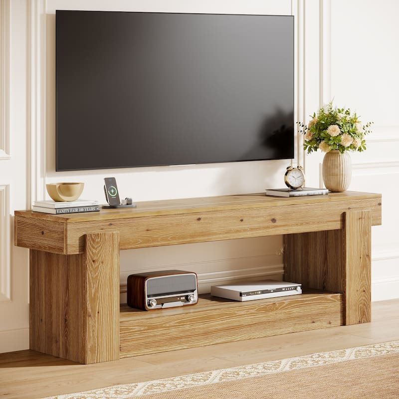 2 Tier Solid Wood TV Stand for Living Room, Fits TVs Up to 75 inches - 62.99" L x 15.75" W x 23.62" H - Rustic Brown