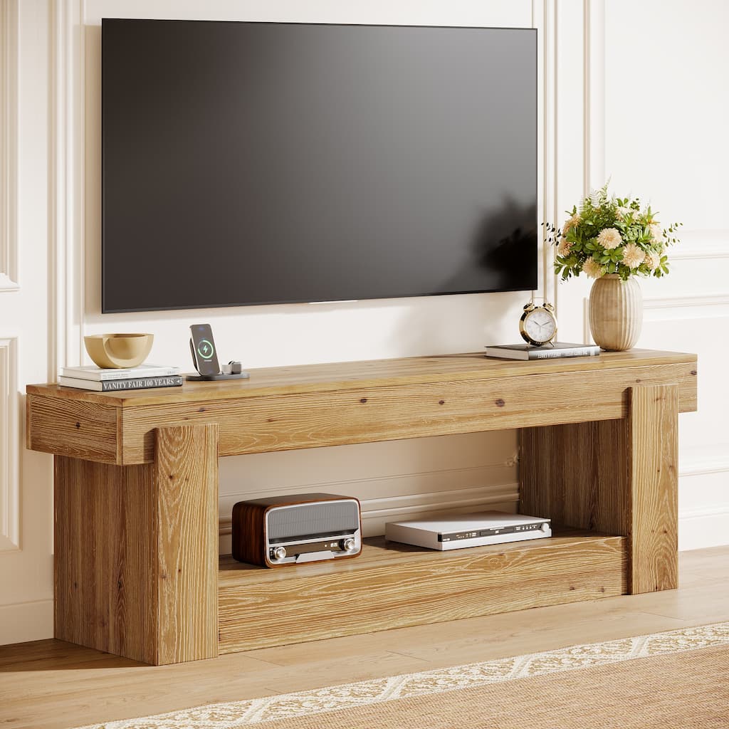 2 Tier Solid Wood TV Stand for Living Room, Fits TVs Up to 75 inches - 62.99" L x 15.75" W x 23.62" H
