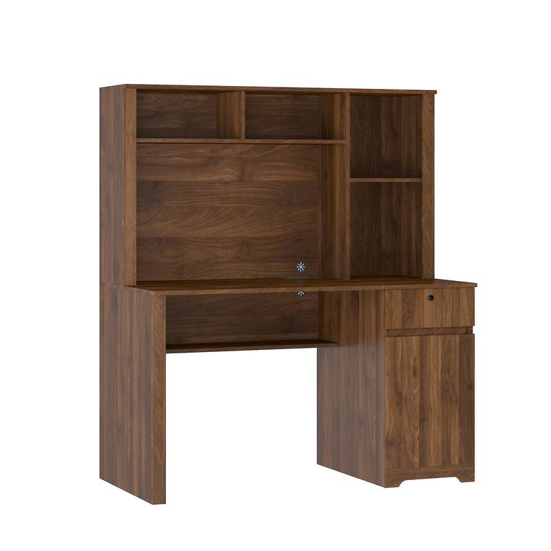 Wooden Computer Desk with Hutch & Bookshelf, Executive Desk Home Office Desk with 3 AC Outlets and 2 USB Charging Ports