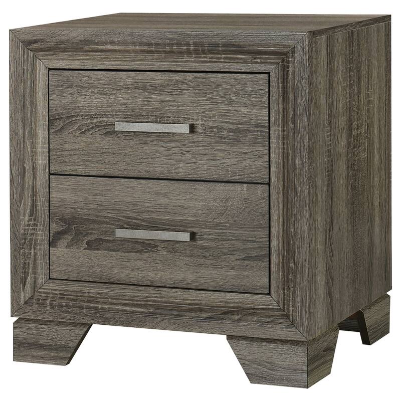 Brown Oak 2-Drawer Nightstand with Metal Bar Handles