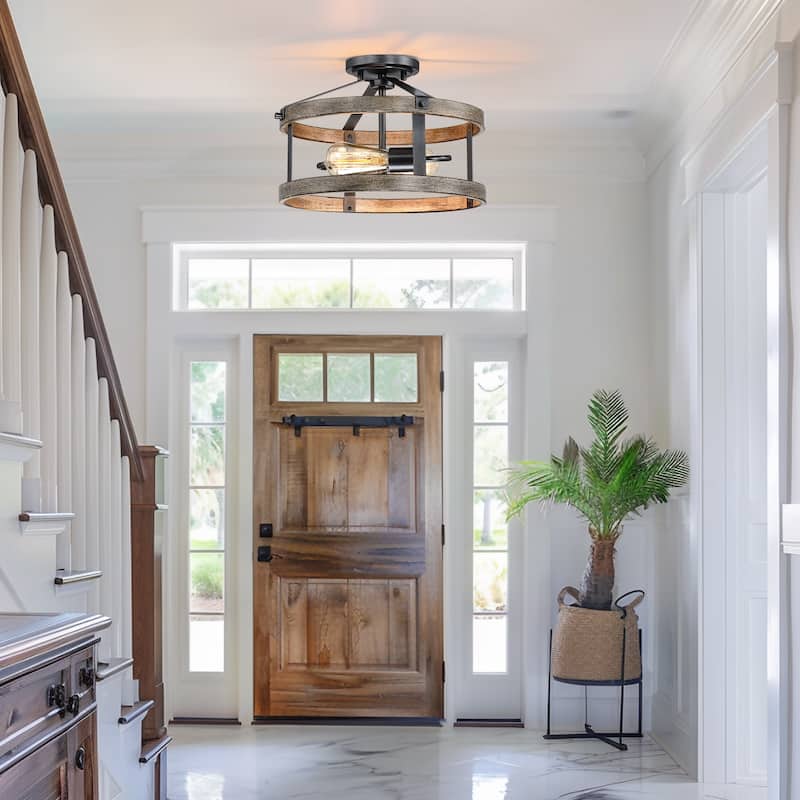 13 in. 2-Light Natural Iron and Distressed Faux Wood Industrial Farmhouse Semi-Flush Mount Ceiling Light