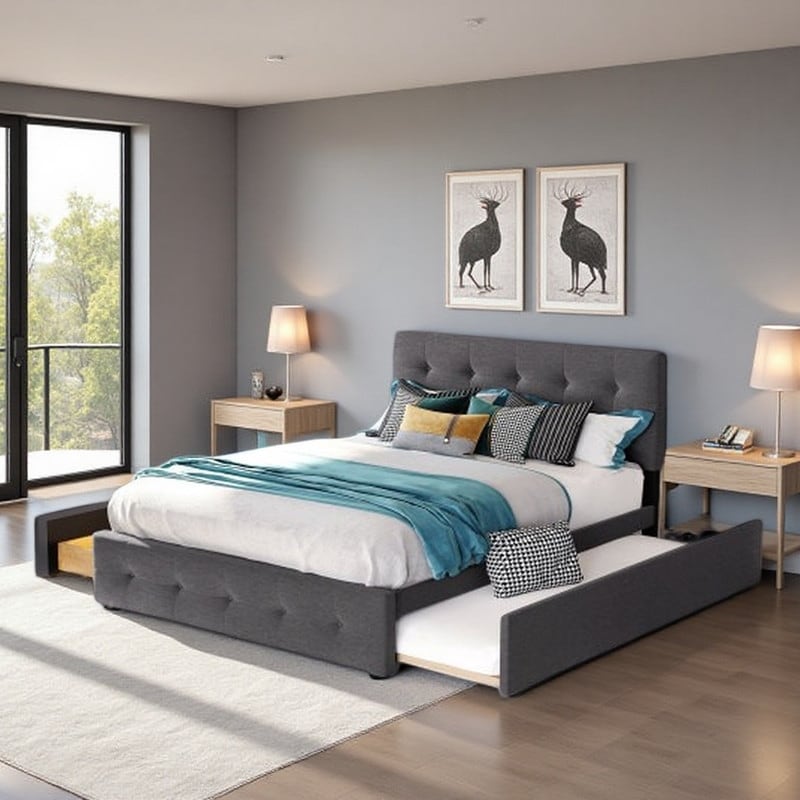 Queen Upholstered Platform Bed with Twin XL Trundle, 2 Storage Drawers, Linen Headboard & Wood Slat Support System