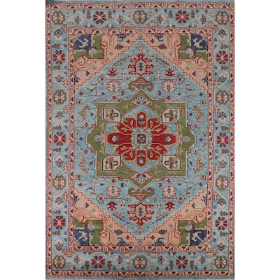 Blue Geometric Heriz Serapi Area Rug Hand-Knotted Wool Carpet - 8'10"x 11'10"