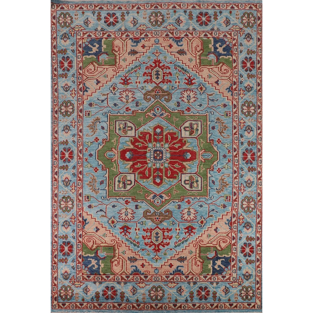Blue Geometric Heriz Serapi Area Rug Hand-Knotted Wool Carpet - 8'10"x 11'10"