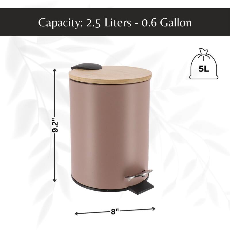 Stylish Trash Can with Bamboo Lid and Pedal, 2.5L Capacity - 9.2" H x 8" L x 8" W