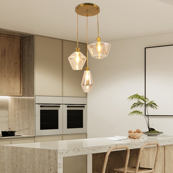 Champagne Gold Glass 3 Heads Pendant Light Flush Mount Ceiling