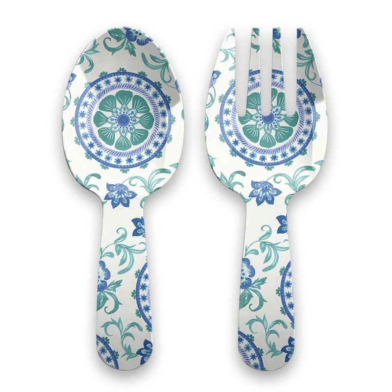 Abode Homewares Rio Turquoise Melamine Floral Serving Utensils - Multicolor - Set of 2 - Multicolor