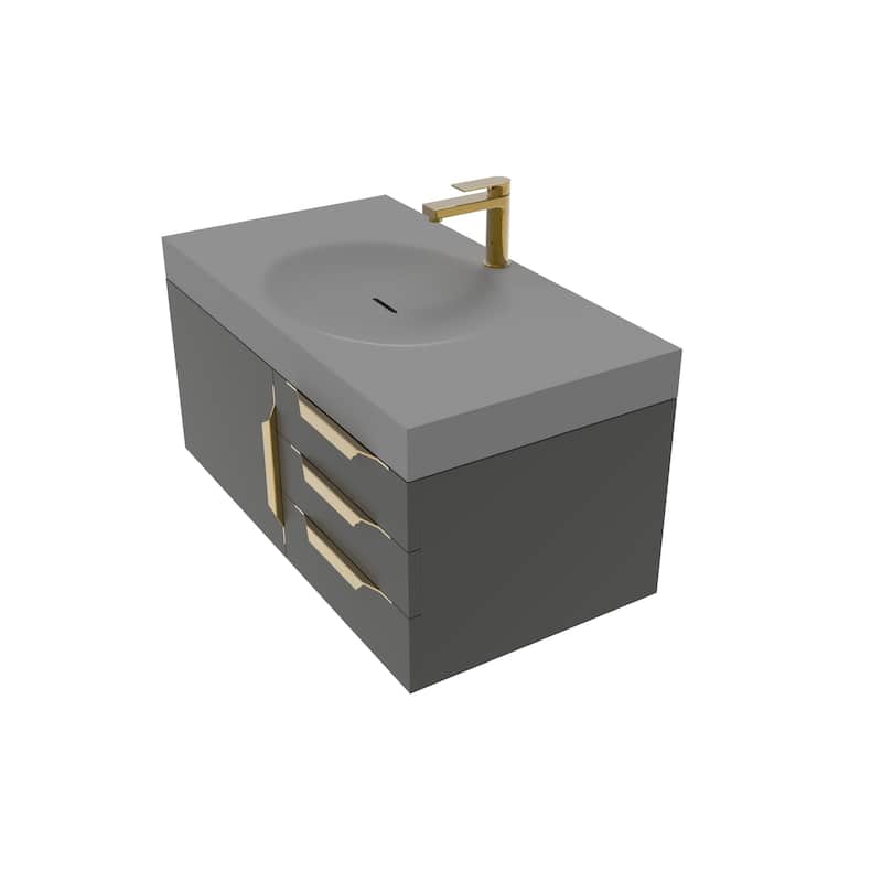 Thames 36" Shallow Basin Wall Mounted Bathroom Vanity Set w/ Gray Top
