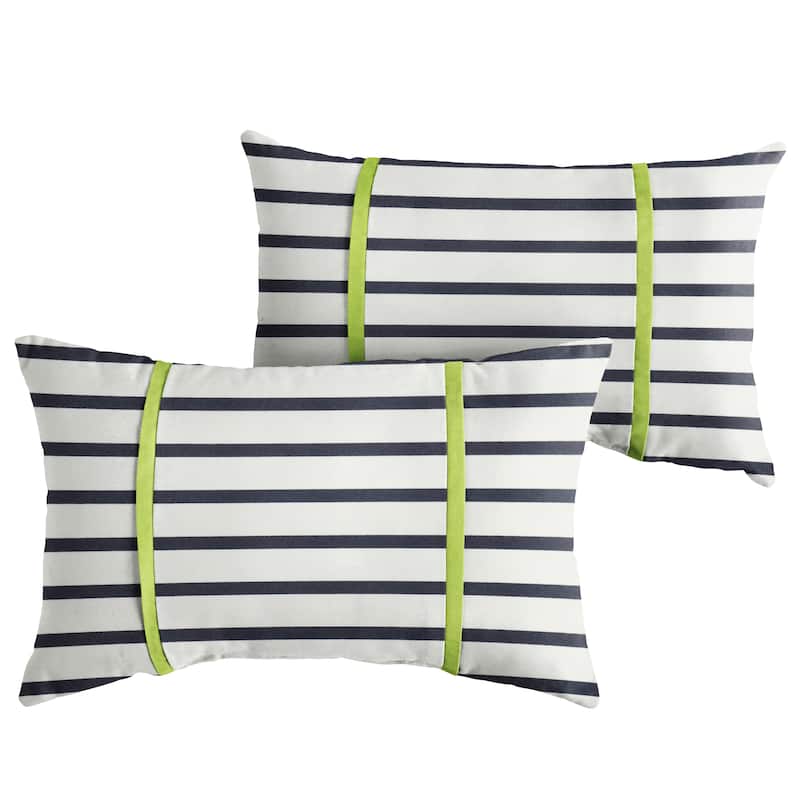 Sunbrella Indigo Stripe with Macaw Green Piping Indoor/Outdoor Lumbar Pillow (Set of 2)