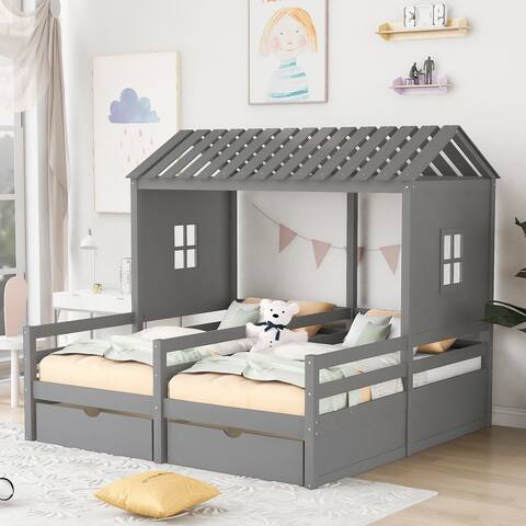 Twin Size House Platform Beds with Two Drawers Gray Color