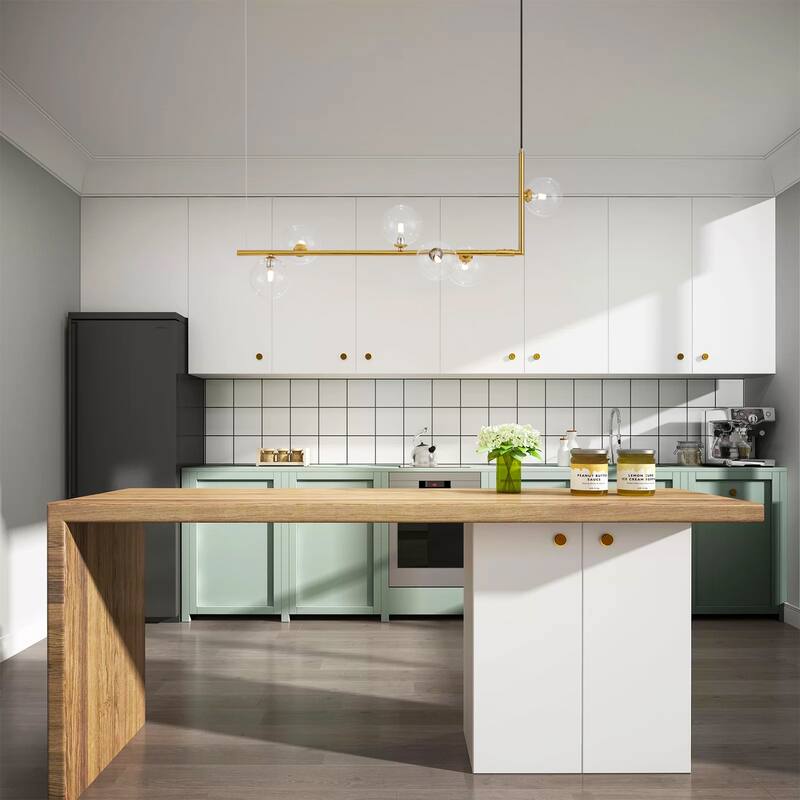 6-Light Modern Black/Gold Linear Sputnik Clear Glass Globe Bubble Chandelier for Kitchen Island