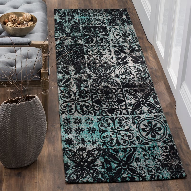 SAFAVIEH Classic Vintage Boho Roosa Distressed Oriental Cotton Rug - 2'3" x 8' Runner - Teal/Black