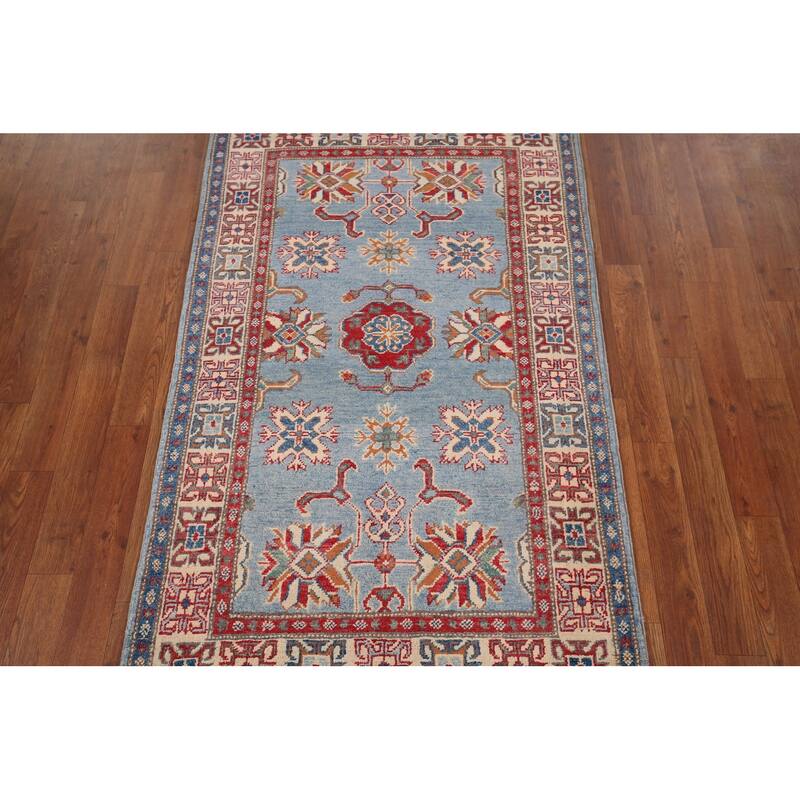 Light Blue Geometric Kazak Accent Rug Hand-Knotted Wool Carpet - 2'11" x 4'11"