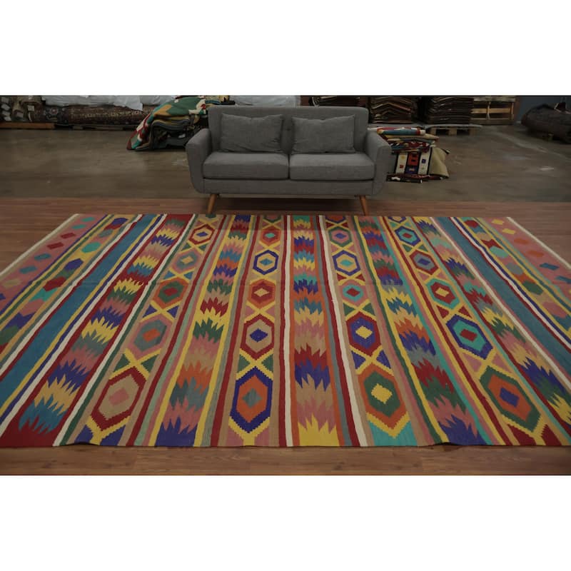 Hand Woven Oriental 100% Wool Carpet Southwestern Modern Multi-Colored Kilim Area Rug - 12' 3'' X 8' 9''