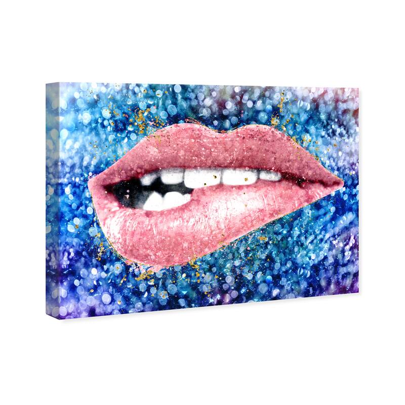 Wynwood Studio Fashion and Glam Glimmering Blue Lip Bite Blue and Glam Wall Art Canvas Print