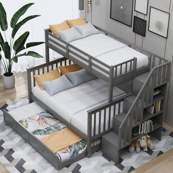 slide 2 of 14, Stairway Twin-Over-Full Bunk Kids Bed with Trundle, Storage and Guard Rail Grey