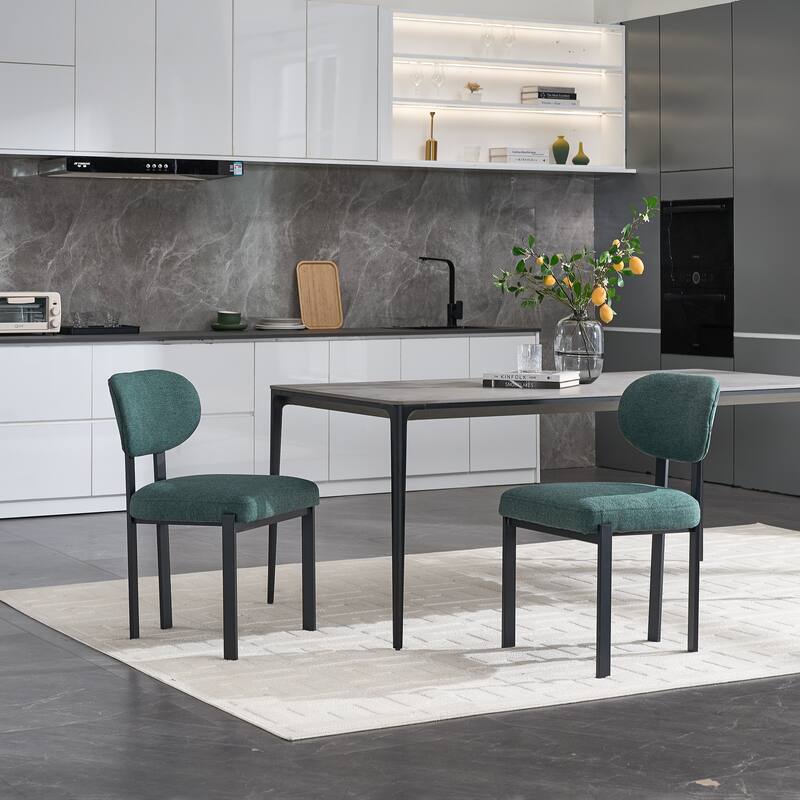 Mid-Century Fabric Upholstered Dining Chairs Set of 2, with Black Metal Frame - Antique Green
