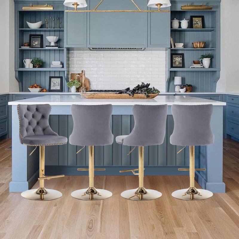 Velvet Upholstered Nailheads Tufted Swivel Bar Stools (Set of 4)