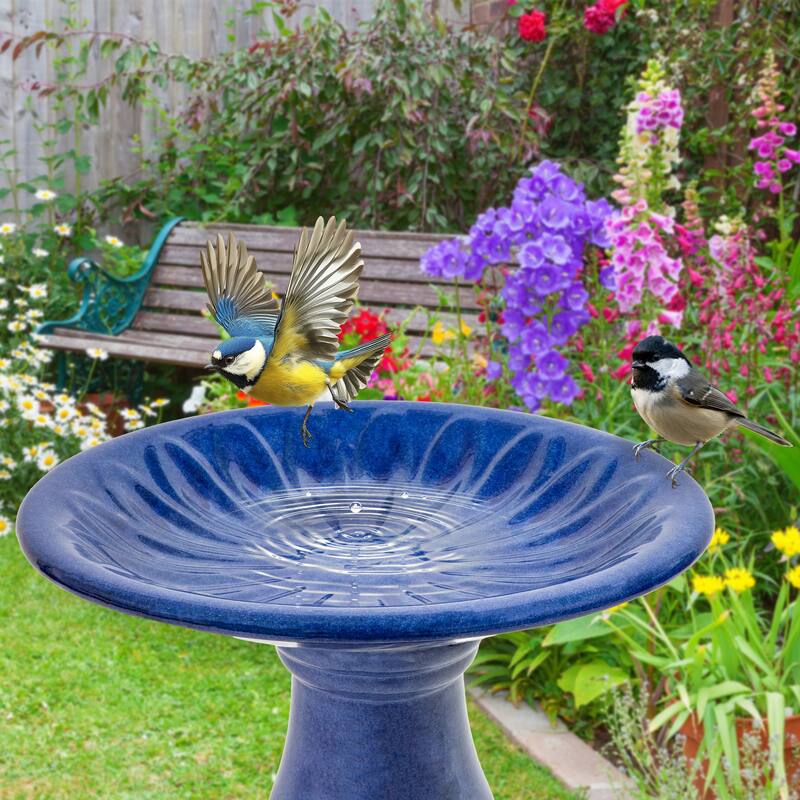 Sunnydaze Daisy Embossed Bowl Glazed Ceramic Bird Bath - Blue - 21.5" H