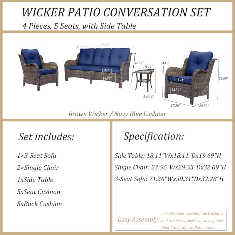 4 Piece Outdoor High Back Wicker Patio Conversation Furniture Sets