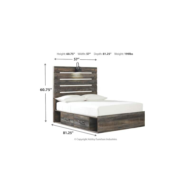 Drystan Rustic Brown Panel Bed with 2 Under Bed Storage Drawers