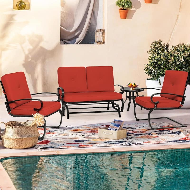 4-Piece Outdoor Patio Conversation Set, Glider Bench and Rocker Chairs with Bistro Table and Cushions - Red