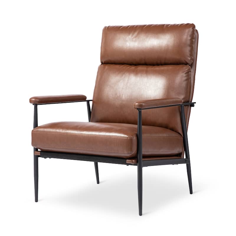 Glitzhome 33.75"W Mid-Century Modern Leatherette Armchair With High Back and Padded Arms - 33.75" W x 39.5" H x 28" D - Brown
