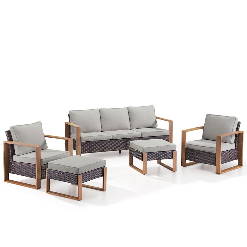 Gymojoy All Weather Wicker Chair with 3-Seat Sofa Ottoman - Brown