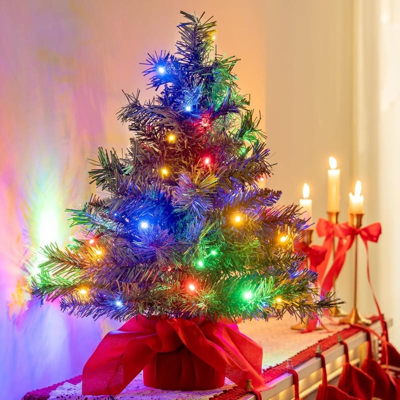 24"/2FT Small Christmas Tree with Multi-Color LED Lights, Table Top Christmas Tree Pre-lit Artificial Xmas Tree - Green