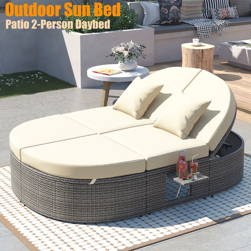 Outdoor Sun Bed Patio 2-Person Daybed with Cushions and Pillows