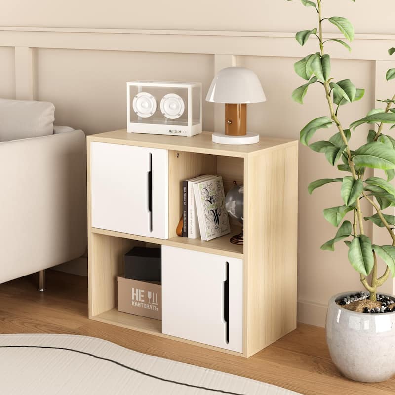 Light Wood 4 Cube Storage Organizer with Cabinet Doors