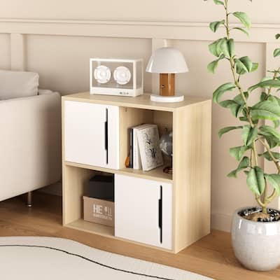 Stylish Wooden Cabinet with Sliding Doors & Dual Shelving – Spacious Storage with Natural Wood and White Panels.
