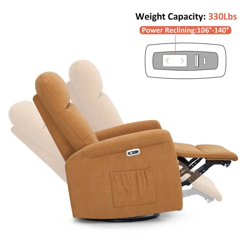 MCombo Modern Fabric Power Recliner, Electric Swivel Glider Rocker Recliner Chair for Nursery with USB Ports, Side Pockets 7763