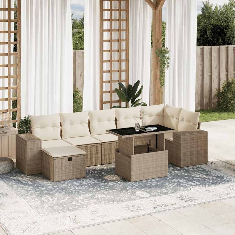vidaXL Patio Sofa Set with Cushions Outdoor Furniture 8 Piece Poly Rattan - Beige and cream - 21.7 x 39.4 x 27.2 in