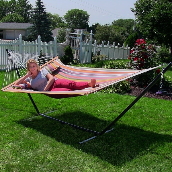 Sunnydaze Quilted Double Spreader Bar Hammock Bed with 15 Stand Canyon Sunset Hammock 15 Foot Stand Bed Bath Beyond 28792836