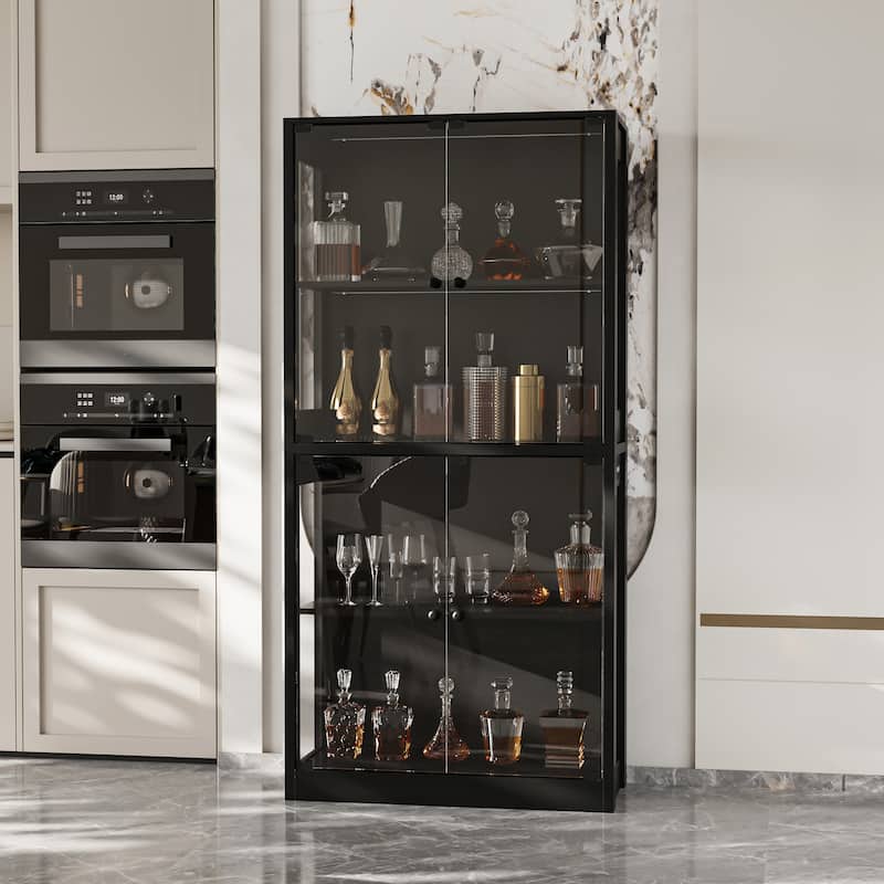 Glass Display Cabinet with 4 Doors LED Strip Light Pantry Buffet Wine Cabinet - 31.5"x65"