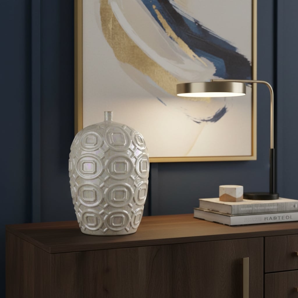20" Cream Geometric Ceramic Bud Table Vase - 12.00