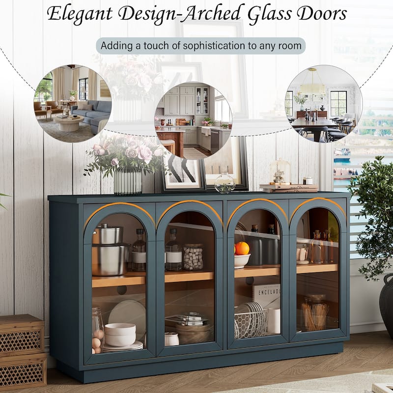 4-Door Buffet Cabinet,Large Storage,Glass Doors and Adjustable Shelves