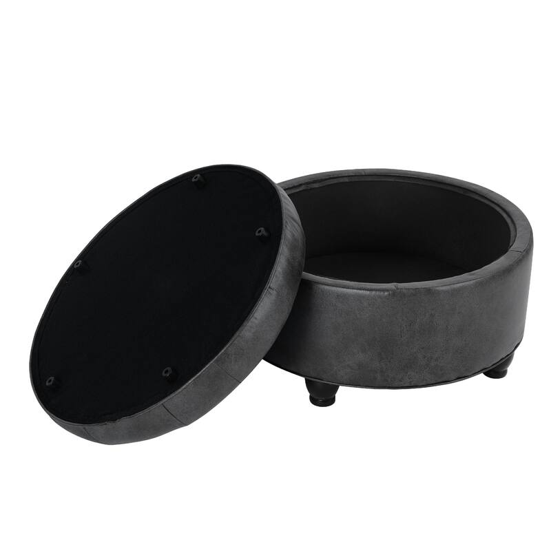 Gery 25 Inch Round Storage Ottoman with Tray Top, Dark Gray Faux Leather