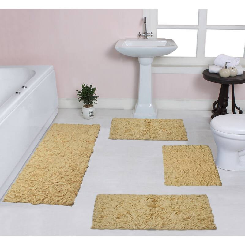 Home Weavers Modesto Collection 100% Cotton Bath Rug, Non-Slip Bath Rug, Extra Soft, Machine Wash, 4 Pcs Set with Runner - Yellow - 17"x24", 21"x34", 24"x40", 21"x54"