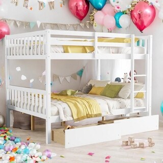 Full over Full Rubber Wood Bunk Bed with 2 Drawers,Convertible into 2 Full Beds,Ladder and Safety Guardrails