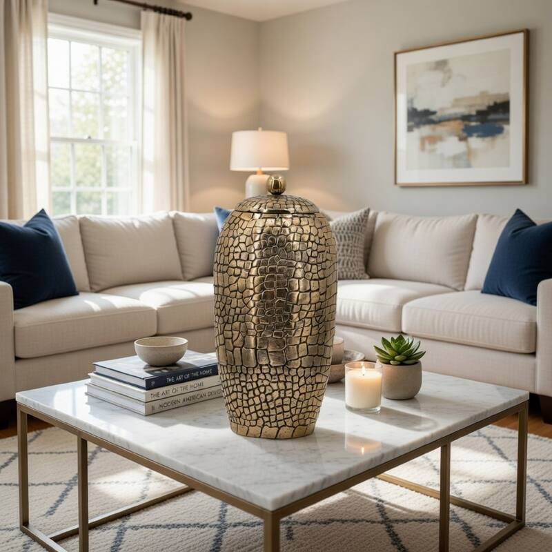 15 Inch Aluminum Urn, Lidded Top, Hammered Texture Antique Gold Finish