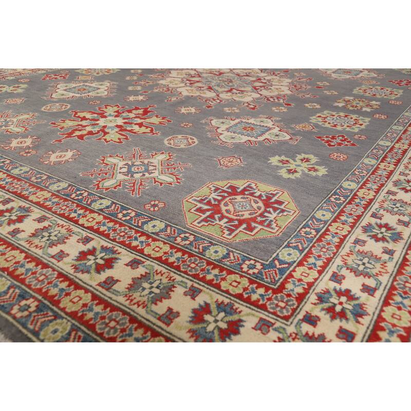 Hand Knotted Oriental 100% Wool Carpet Traditional Geometric Greys & Charcoal Kazak Area Rug - 11' 11'' X 9' 0''