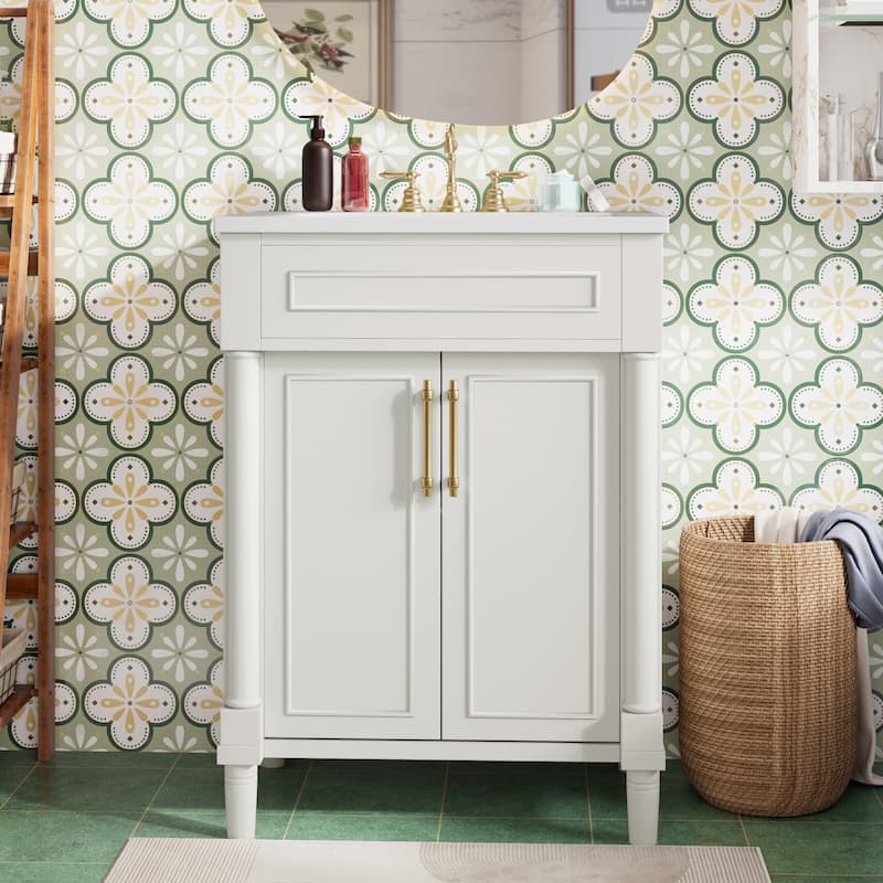 24" Bathroom Vanity with Integrated Ceramic Sink, Bathroom Cabinet with 2 Doors, Single Sink Bathroom Vanity