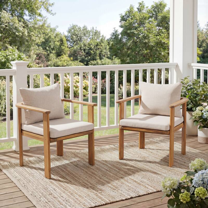 Scott Living Kaja Outdoor Solid Acacia Wood Dining Chair with Cushioned Seating (Set of 2) - Beige,Teak