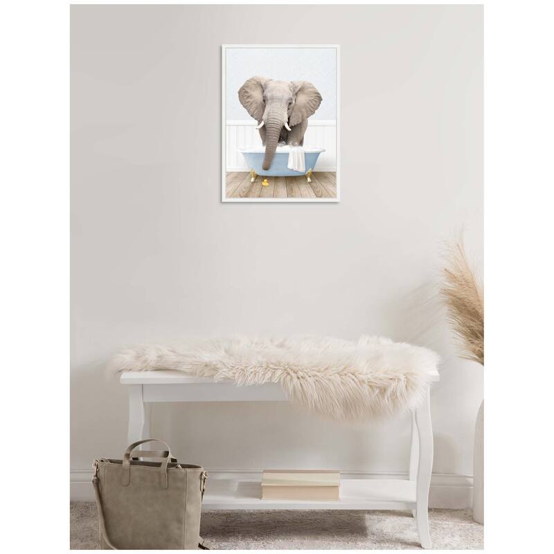 Kate and Laurel Sylvie Elephant Front in Cottage Blue Bathtub Framed Canvas by Amy Peterson