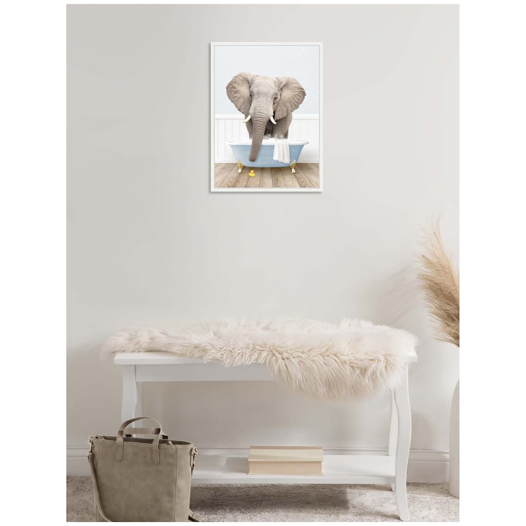 Kate and Laurel Sylvie Elephant Front in Cottage Blue Bathtub Framed Canvas by Amy Peterson