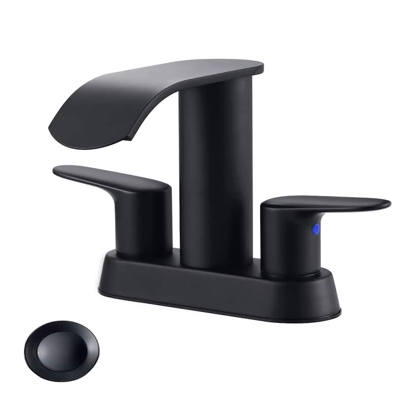 WOWOW 4 in. Centerset Double Handle Waterfall Bathroom Sink Faucet - Matte Black